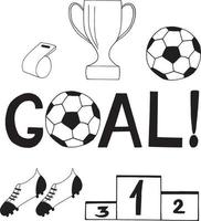 football set icon. cup, ball, boots, sports pedestal, whistle, lettering goal. hand drawn doodle. , scandinavian, nordic, minimalism, monochrome. vector