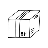 caja de cartón cerrada dibujada a mano en estilo garabato. , arte lineal, nórdico, escandinavo, minimalismo, monocromo. icono, pegatina. paquete. vector