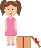 girl crying and opened box with ribbon. the child does not like the gift. flat. banner. ruined the holiday vector