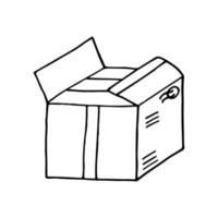 caja de cartón abierta dibujada a mano en estilo garabato. , arte lineal, nórdico, escandinavo, minimalismo, monocromo. icono, pegatina. paquete. vector