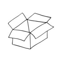 open cardboard box hand drawn in doodle style. , line art, nordic, scandinavian, minimalism, monochrome. icon, sticker. package. vector