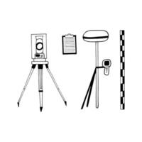 tacheometer, technical level, Total station, leveling staff, tablet, set hand drawn doodle. , minimalism, scandinavian, sketch. icon, sticker. geodesy, cartography, measurement, construction, survey vector