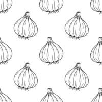 garlic seamless pattern. wrapping paper, label, menu, kitchen textiles. sketch hand drawn doodle. monochrome minimalism. food, spice. vector