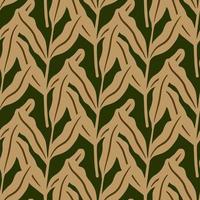 Nature seamless pattern with autumn pale beige leaf branches shapes on dark green background. vector