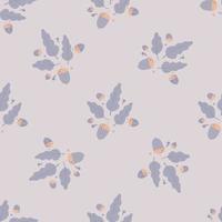 Forest seamless pale pattern with acorns and foliage from oak tree. Light lilac palette artwork. vector