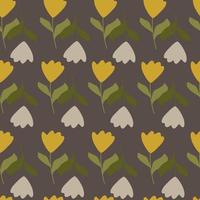 Grey and yellow simple tulip flowers seamless pattern in simple style. Dark grey background. vector