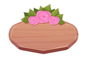 Wood frame, plank decorated with flowers and leaves, boarder in cartoon style isolated on white background. Rural, vintage signboard, romantic empty panel. Vector illustration