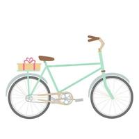 Bike, bicycle with present isolated on white background stock vector illustration. Season vehicle, transport in flat style, decorative element, cute, bright. . Vector illustration