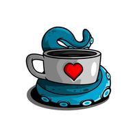 ilustración vectorial de un pulpo envuelto alrededor de una taza de café y un signo de amor vector