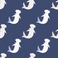 Hammerhead sharks silhouettes in white color seamless pattern. Pastel navy blue background. vector
