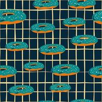 Seamless random pattern with turquoise donuts ornament. Navy blue darl colored background with check. vector