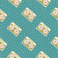 Cassette doodle ornament seamless pattern. Green and pink hand drawn elements on turquoise dotted background. vector