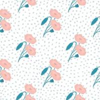 Tender seamless pattern with poppy flowers ornament. Pink light color elements on white background with dots. vector
