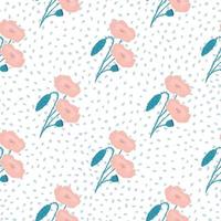 Tender seamless pattern with poppy flowers ornament. Pink light color elements on white background with dots. vector