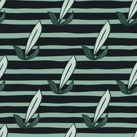 Herbal foliage seamless pattern with outline leaf outline shapes. Striped background. Doodle style. vector
