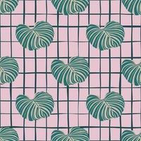 Green tropic monstera leaf ornament seamless pattern. Pink chequered background. vector