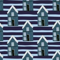 Townhouse seamless building pattern wth blue wood house ornament. Striped background. vector