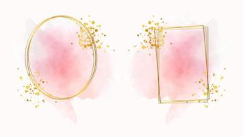 Pastel rose and pink brush strokes and gold lines. Gold contour frame. vector