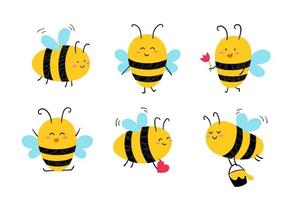 Funny hand drawn cute honey bees. Flying insect collection. Vector illustration.