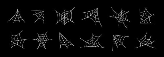 Hand drawn set of spider web isolated on dark background. Halloween cobweb, scary design elements. Outline vector illustration.