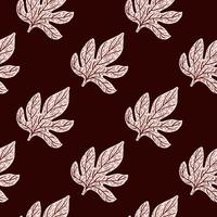 Creative seamless pattern with botanical fall foliage ornament. Light grey leaves on maroon background. vector