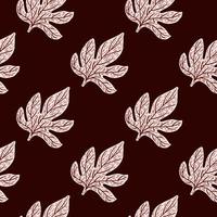 Creative seamless pattern with botanical fall foliage ornament. Light grey leaves on maroon background. vector