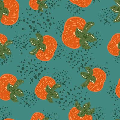 Random abstract seamless organic food pattern with orange persimmon shapes. Blue background with splashes.