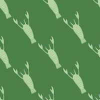 Minimalistic hand drawn lobster print seamless doodle pattern. Nature sea backdrop. Green palette simple artwork. vector