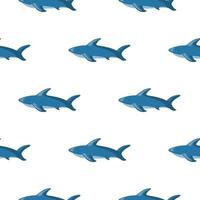 Isolated seamless zoo marine pattern with blue shark fish silhouettes. White background. Simple print. vector