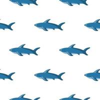 Isolated seamless zoo marine pattern with blue shark fish silhouettes. White background. Simple print. vector