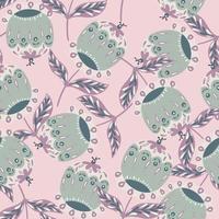 Random spring seamless pattern with light blue folk flowers buds elements. Light pink background. vector