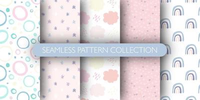 Set of cute seamless pattern for baby. Rainbow, circle, cloud, stars pattern collection. vector