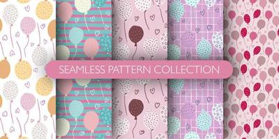 Set of seamless pattern with balloons and hearts ornament. Cute holidays print collection. vector