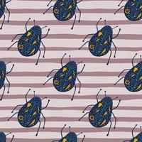 Navy blue folk bugs elements seamless pattern. Hand drawn insects on purple stripped background. Wildlife sketch. vector