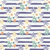 Daisy shapes seamless botanic pattern. Multicolor artwotk with purple stripped background. Simple backdrop. vector