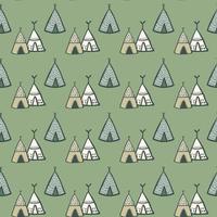 Hand drawn teepee vector seamless pattern on green background. Tribal wigwam endless wallpaper.