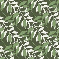 Simple foliage elements seamless hand drawn pattern. Green and white leaves branches on dark khaki background. vector