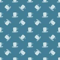 Random located light cups seamless pattern. Navy blue background. Beverage print. vector