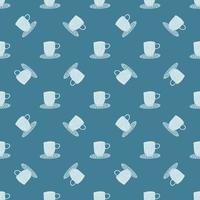 Random located light cups seamless pattern. Navy blue background. Beverage print. vector