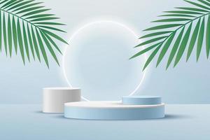 Abstract white cylinder pedestal podium, Light blue empty room with green palm leaf, Shine neon ring backdrop. Vector rendering 3d shape, Product display presentation. Pastel room minimal wall scene.