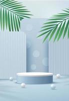 Abstract white cylinder pedestal podium, Light blue empty room, Green palm leaf, Blue and white sphere, Geometric backdrop. Vector rendering 3d shape, Product display presentation. Minimal wall scene.