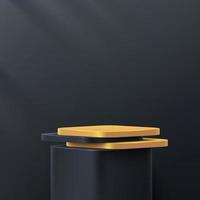 Luxury black and gold round corner cube pedestal podium in balck empty room. Abstract vector rendering 3d shape for cosmetic products display presentation. Minimal wall scene, Studio room.