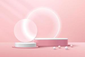 podio de pedestal de cilindro blanco abstracto, habitación vacía rosa claro con anillo de vidrio transparente, esfera rosa y blanca. representación vectorial de forma 3d, presentación de exhibición de productos. escena mínima de la habitación pastel. vector