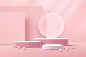 Abstract white cylinder pedestal podium, Light pink empty room with transparent glass ring, Pink and white sphere. Vector rendering 3d shape, Product display presentation. Pastel room minimal scene.