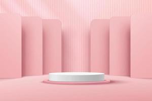 Abstract white cylinder pedestal podium, Light pink empty room, Vertical stripes pattern. Vector rendering 3d shape, Cosmetic product display presentation. Pastel room minimal wall scene.