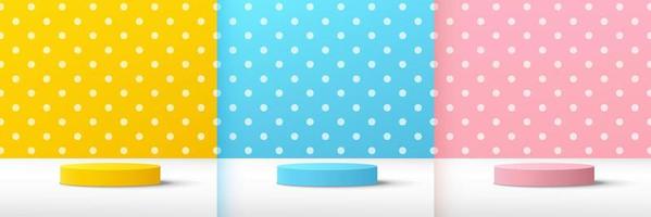 Set of abstract yellow blue pink cylinder pedestal podium, Pastel and white polka dot pattern background. Vector rendering 3d shape, Cosmetic product display presentation. Minimal wall scene.