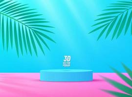 Abstract light blue cylinder pedestal podium, blue and pink background, Green Palm leaf decorate. Vector rendering 3d shape, Product display presentation. Summer concept. Minimal wall scene.
