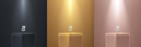 Set of gold, black, pink gold round corner cube pedestal podium display on empty room background. Abstract luxury vector rendering 3d shape for products presentation. Minimal wall scene, Studio room.