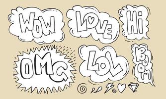 flechas dibujadas a mano, bordes con texto escrito a mano hazlo, pow, hola, amor, wow, omg, lol y boom. icono de vectores