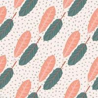 Seamless tender pattern with leafs. Hand drawn botanic ornament in pink and pale blue colors on white dotted background. vector